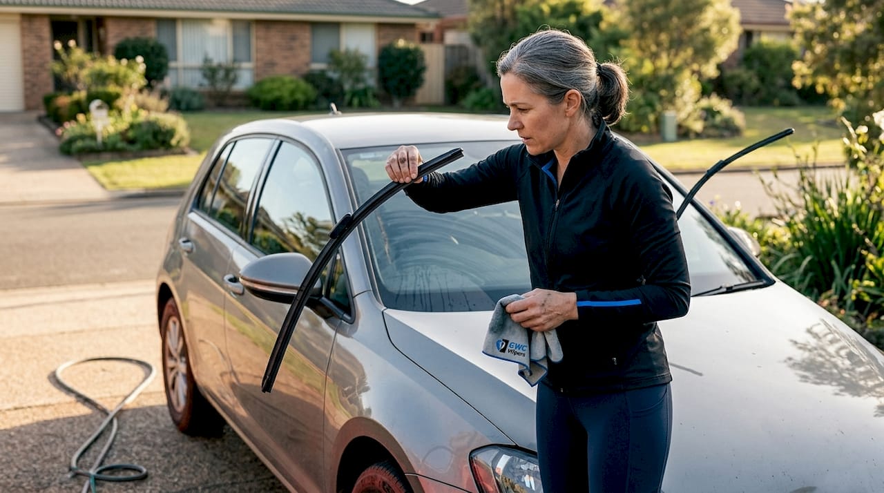 Woman inspecting worn wiper blades outdoors