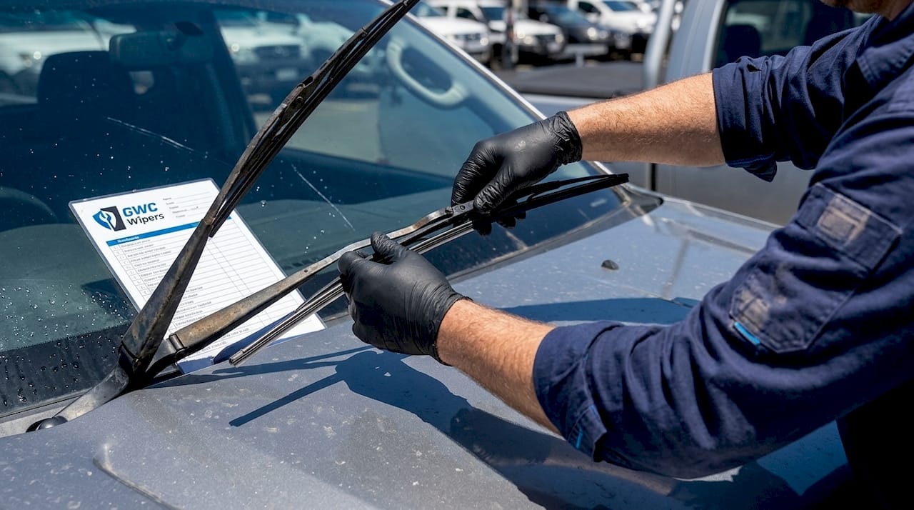 Close-up hands installing new wiper blade