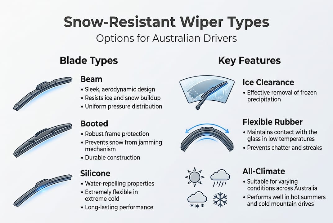 Infographic showing snow wiper blade types and features