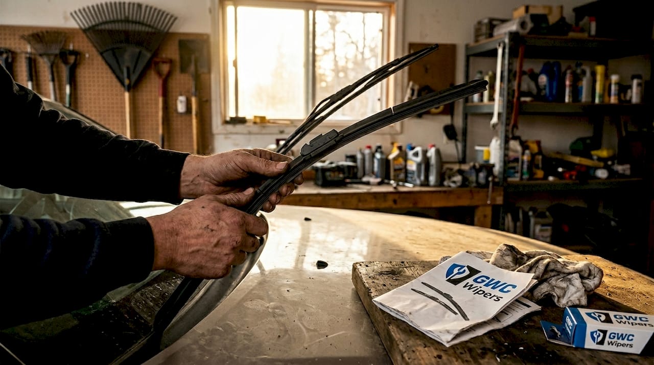 Mechanic’s hands installing winter wiper blade
