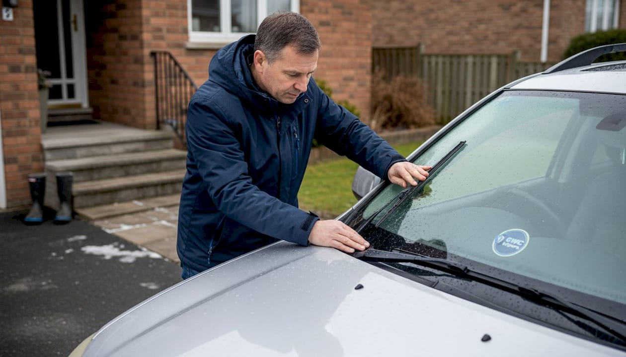 Aussie driver checking snow wiper blades on SUV