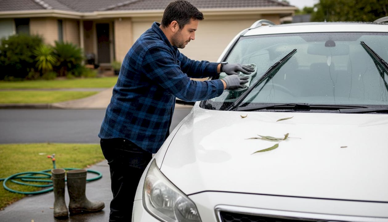 Technician testing wiper blades in wet driveway