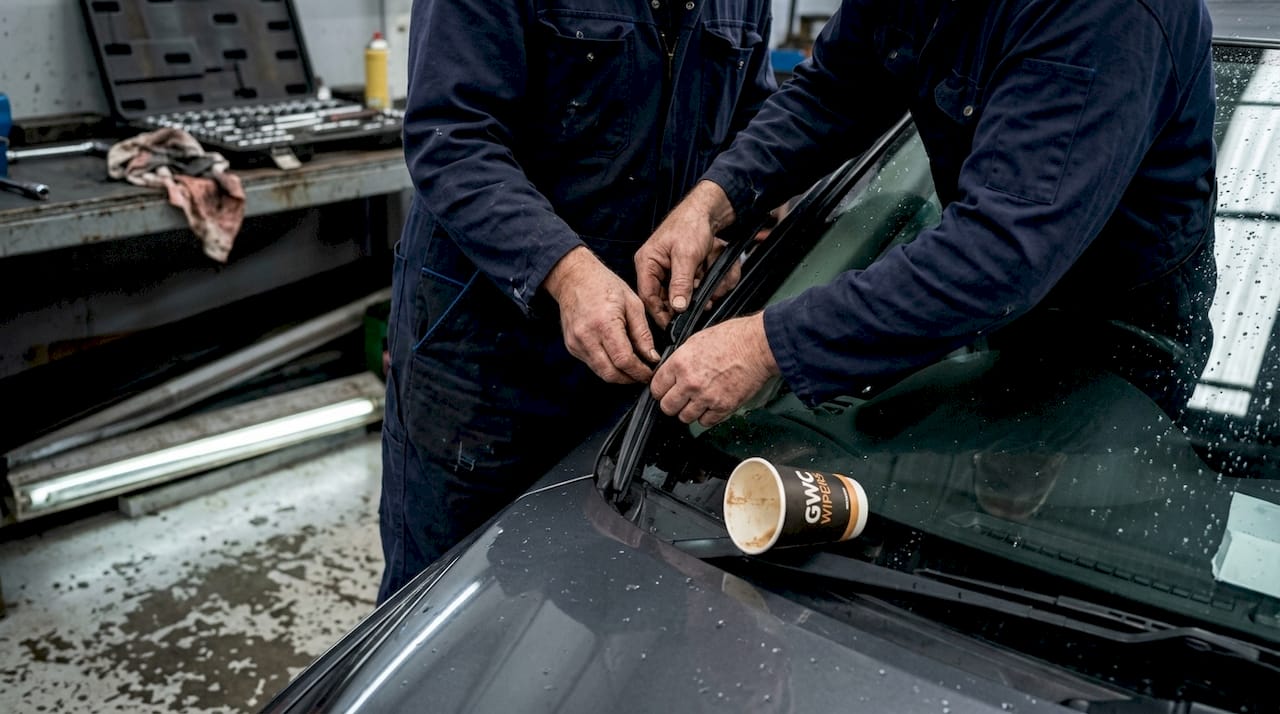 Mechanic installing car wiper blade in workshop