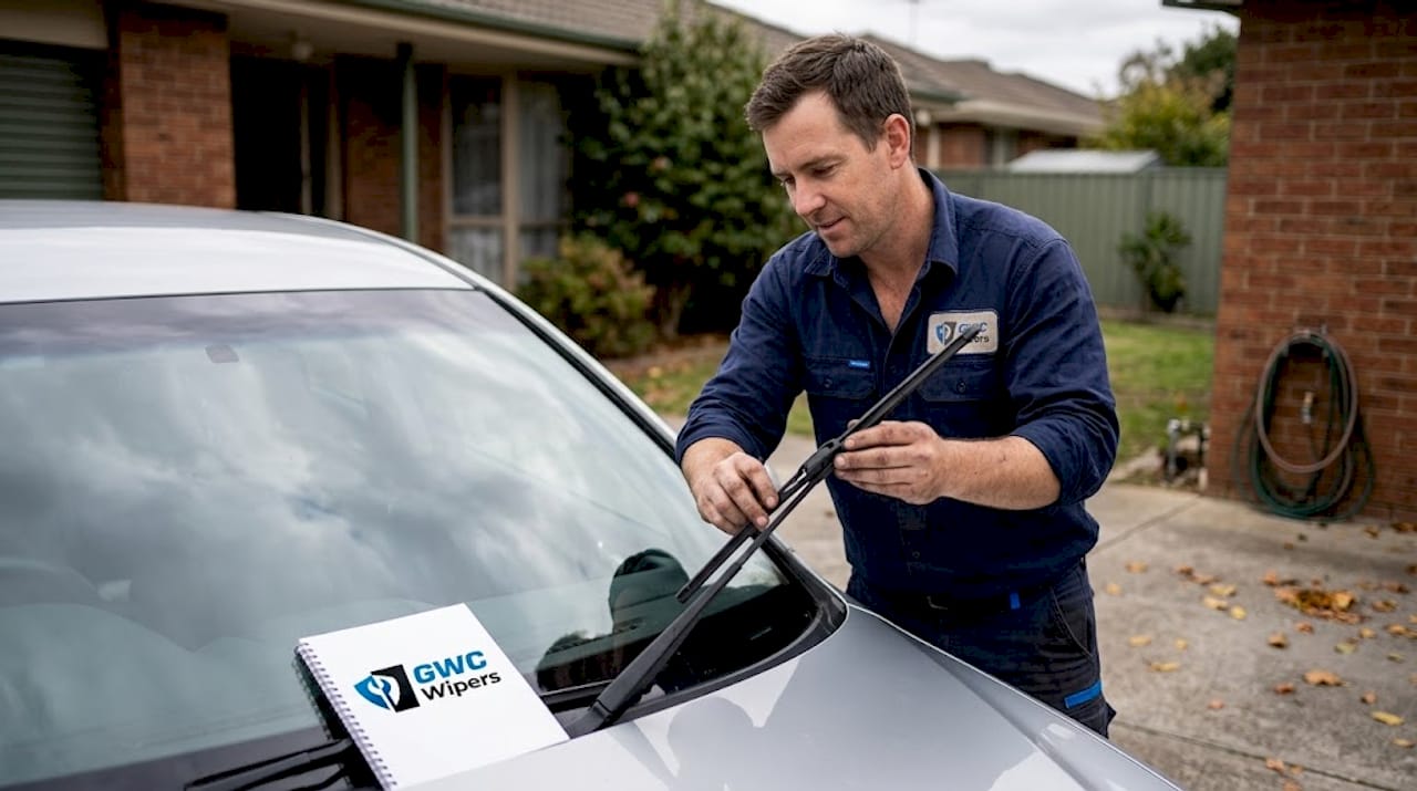 Technician changing wiper blade on car