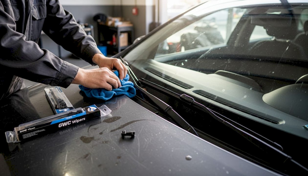 Hands placing towel under wiper arm