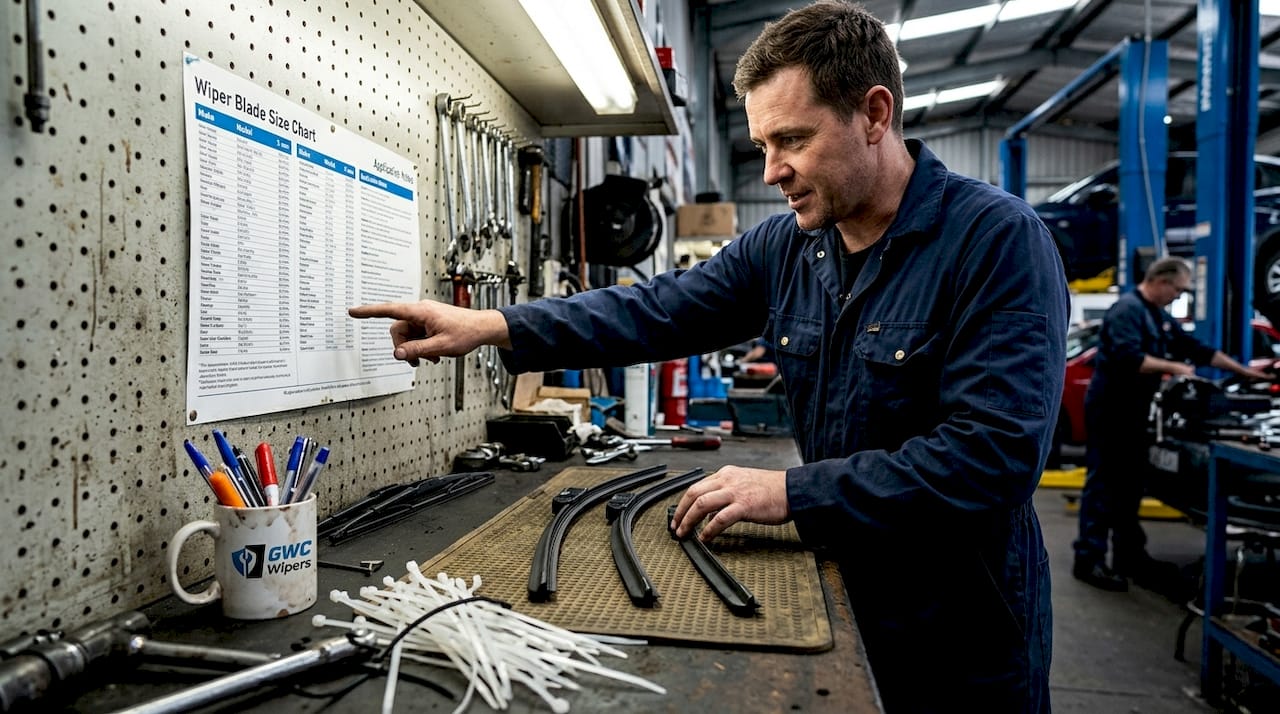 Mechanic comparing wiper blade sizes at bench