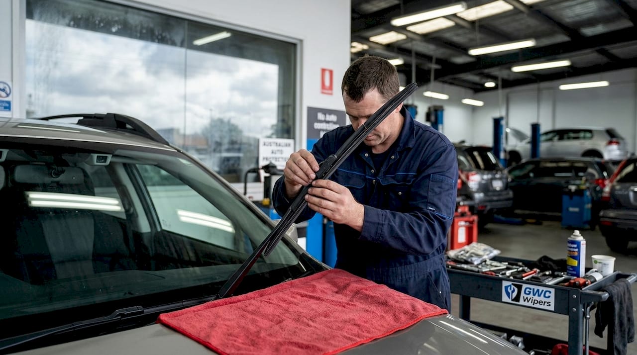Mechanic installing beam wiper blade on SUV