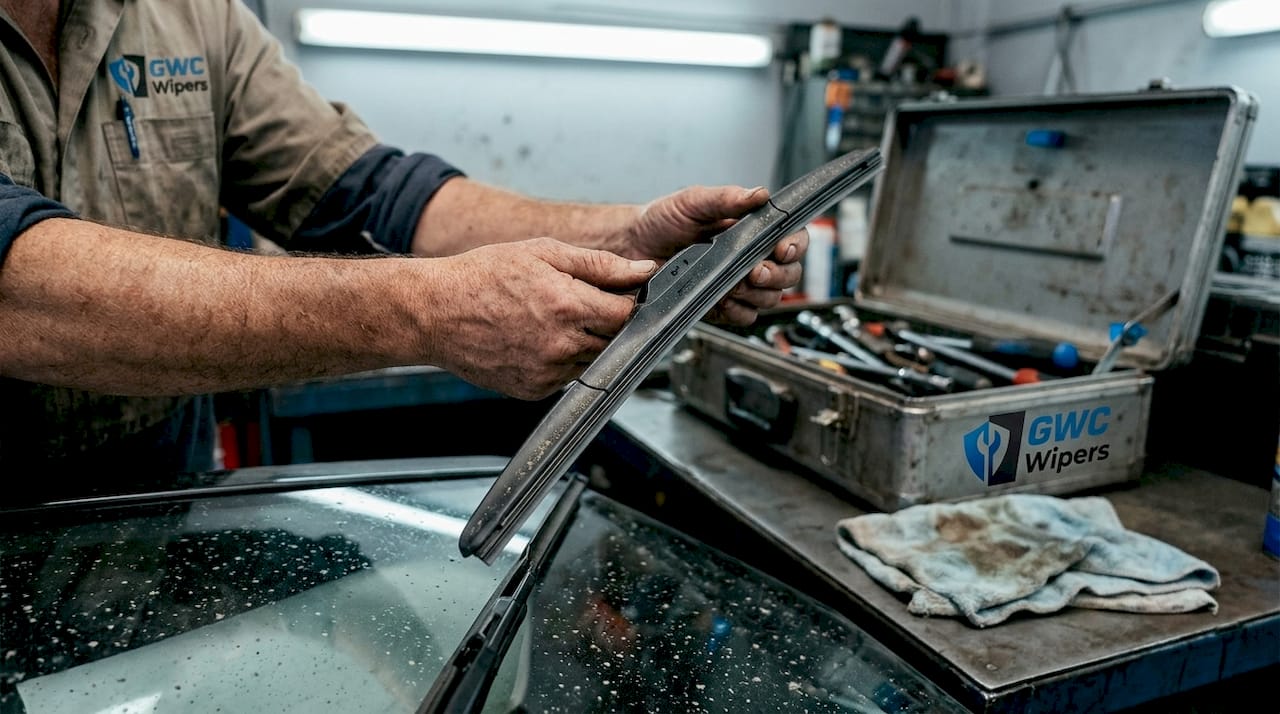 Mechanic examining ceramic-coated wiper blade