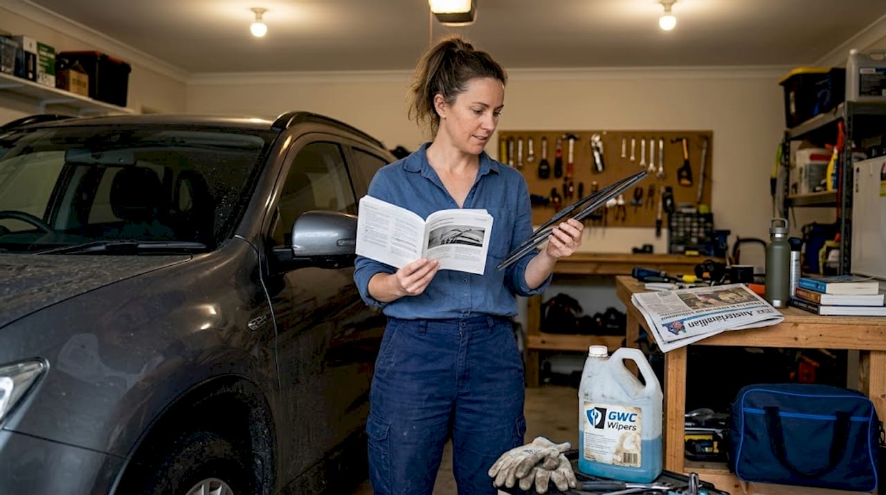 Woman checking wiper blade fitment in garage