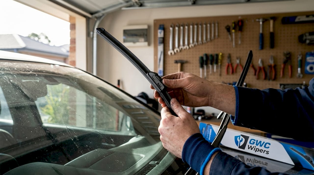 Hands fitting hybrid wiper on windshield
