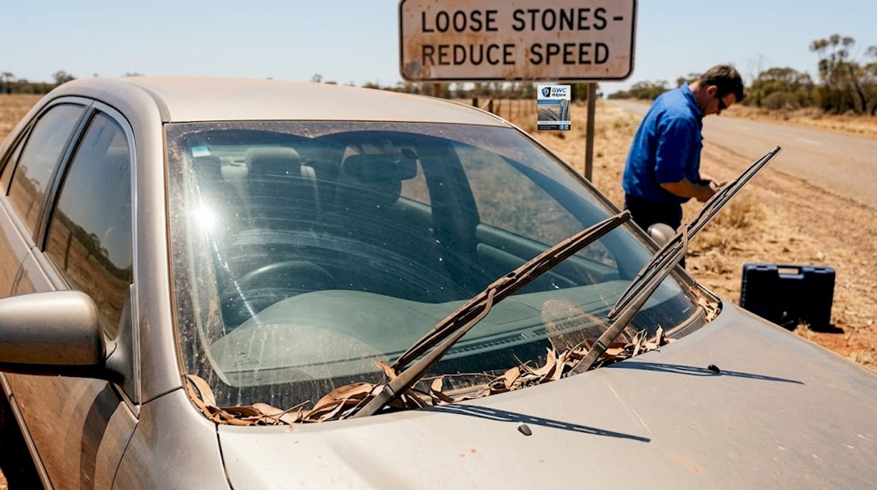 Car wipers on dusty sunlit Australian road