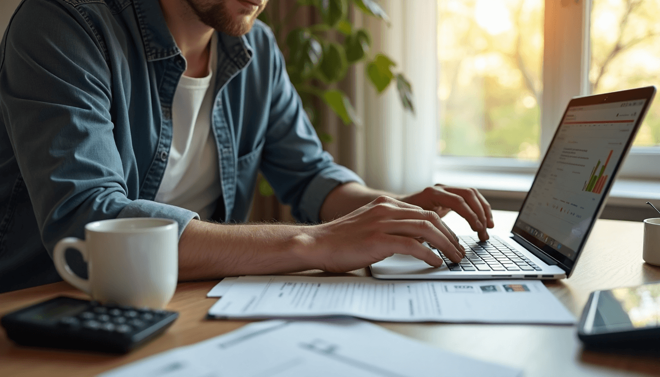 Entrepreneur uses laptop and calculator for key business deductions
