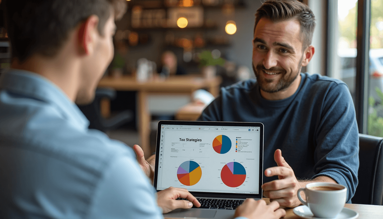 Business owner and accountant reviewing tax strategies at Auckland cafe