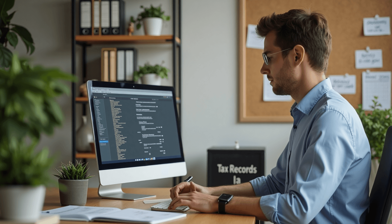 Small business owner organizing digital and physical tax records