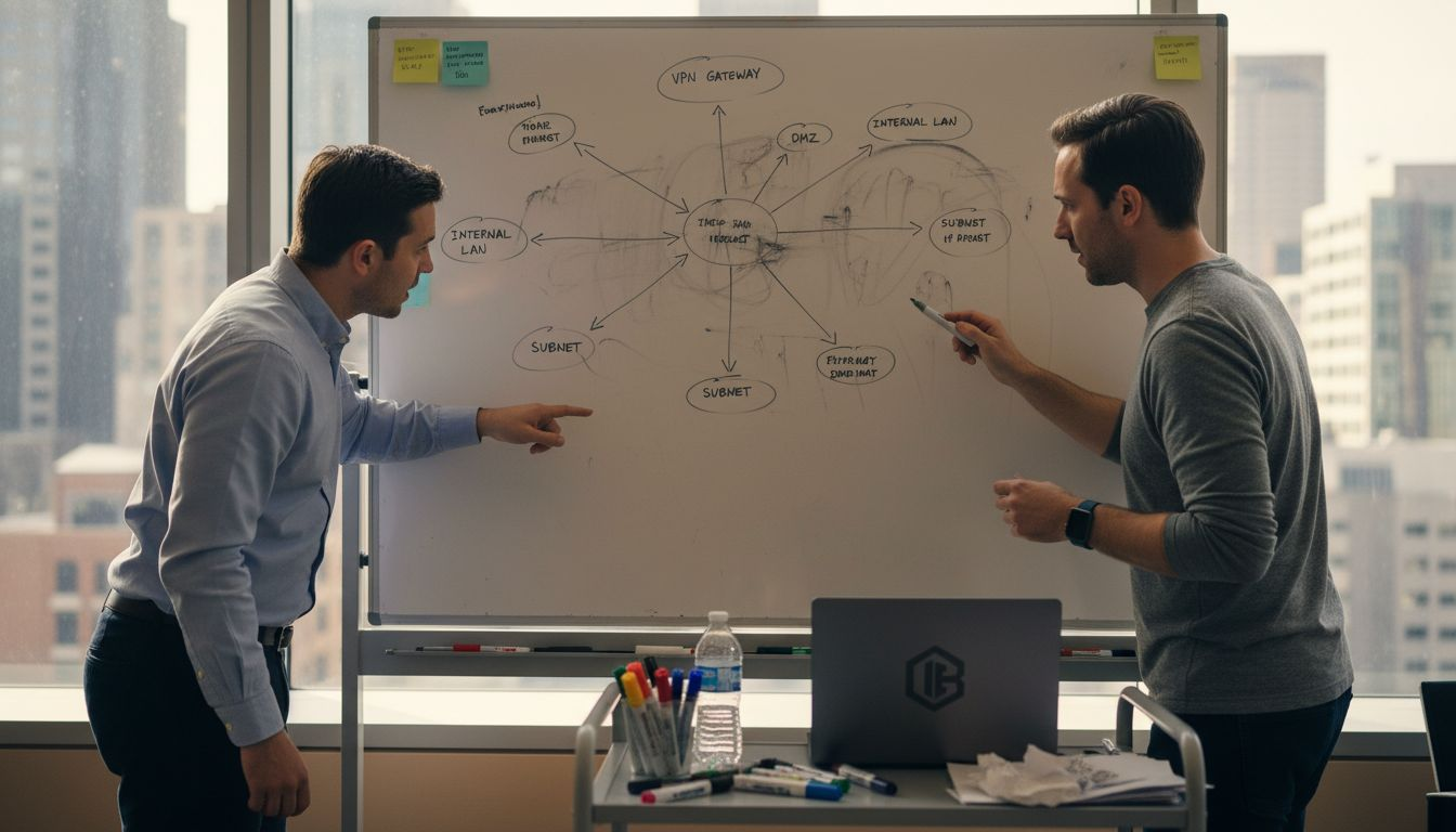 Analysts reviewing network topology whiteboard