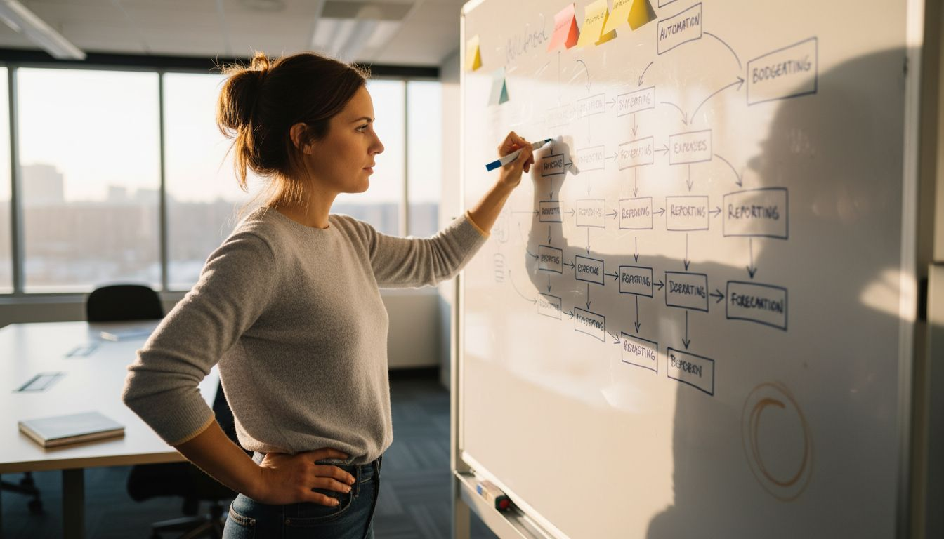 Analyst mapping finance process workflow diagram