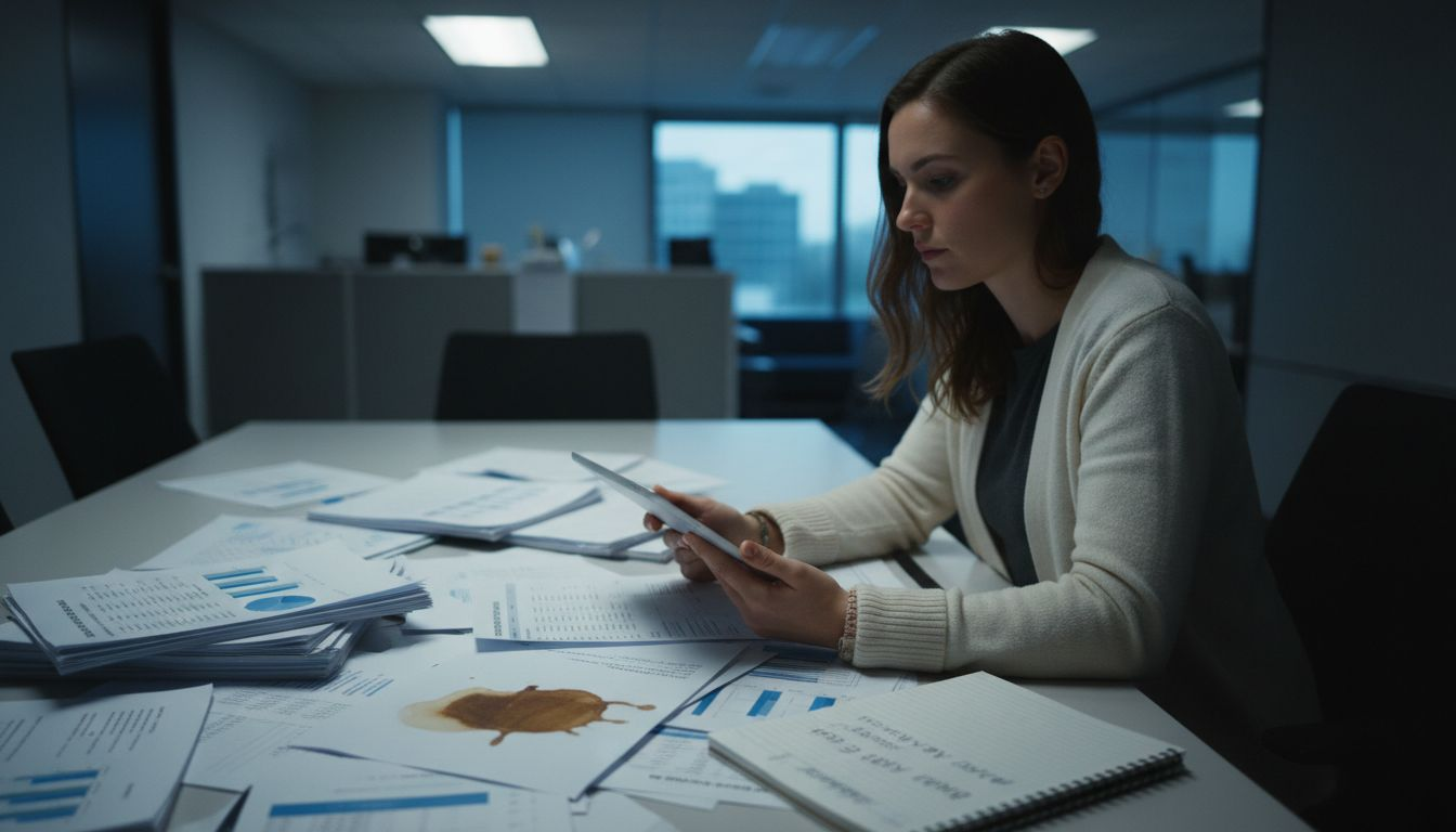 Analyst calculating burn rate at meeting table