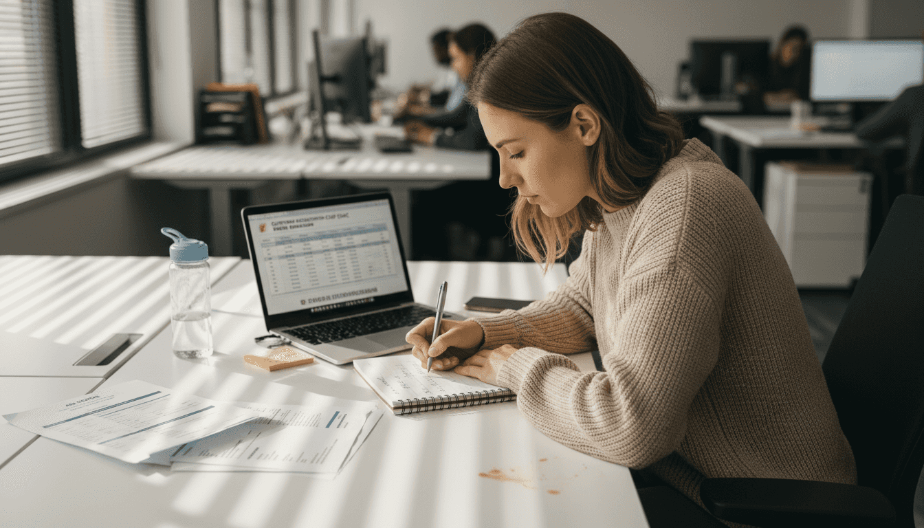 Analyst calculating CAC at office desk