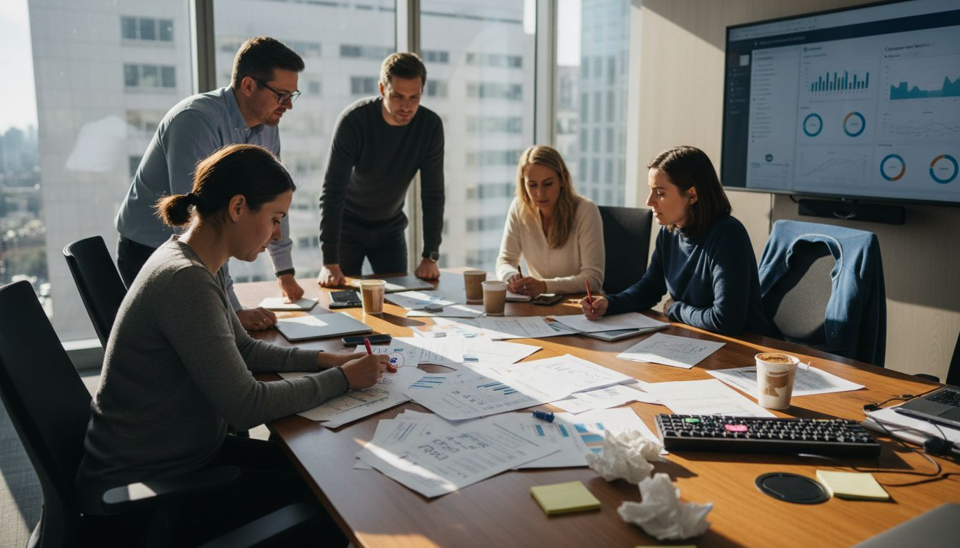Managers discussing LTV CAC ratio at table