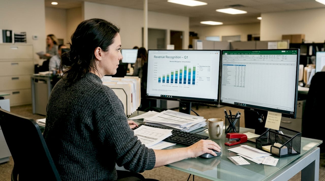 Finance manager reviewing automation reports at desk