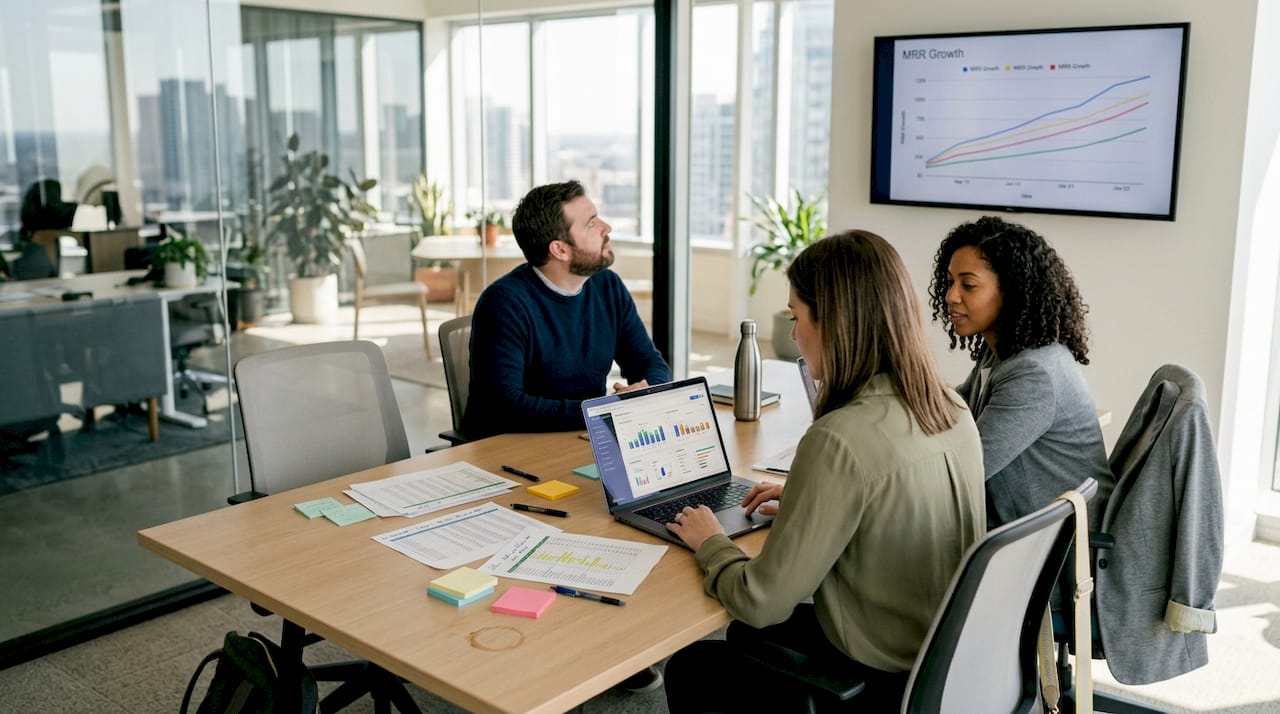 SaaS team reviewing growth dashboard