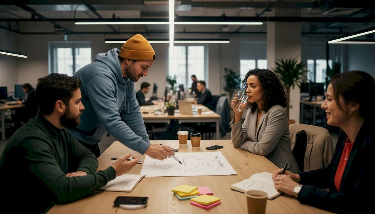 SaaS team discussing project around table