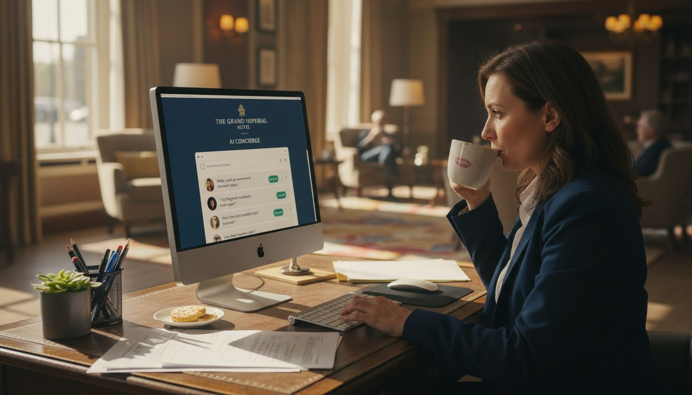 Receptionist uses AI chat in hotel lobby