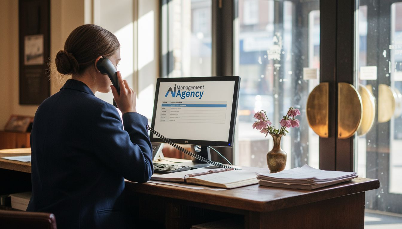 Receptionist using phone and computer in hotel