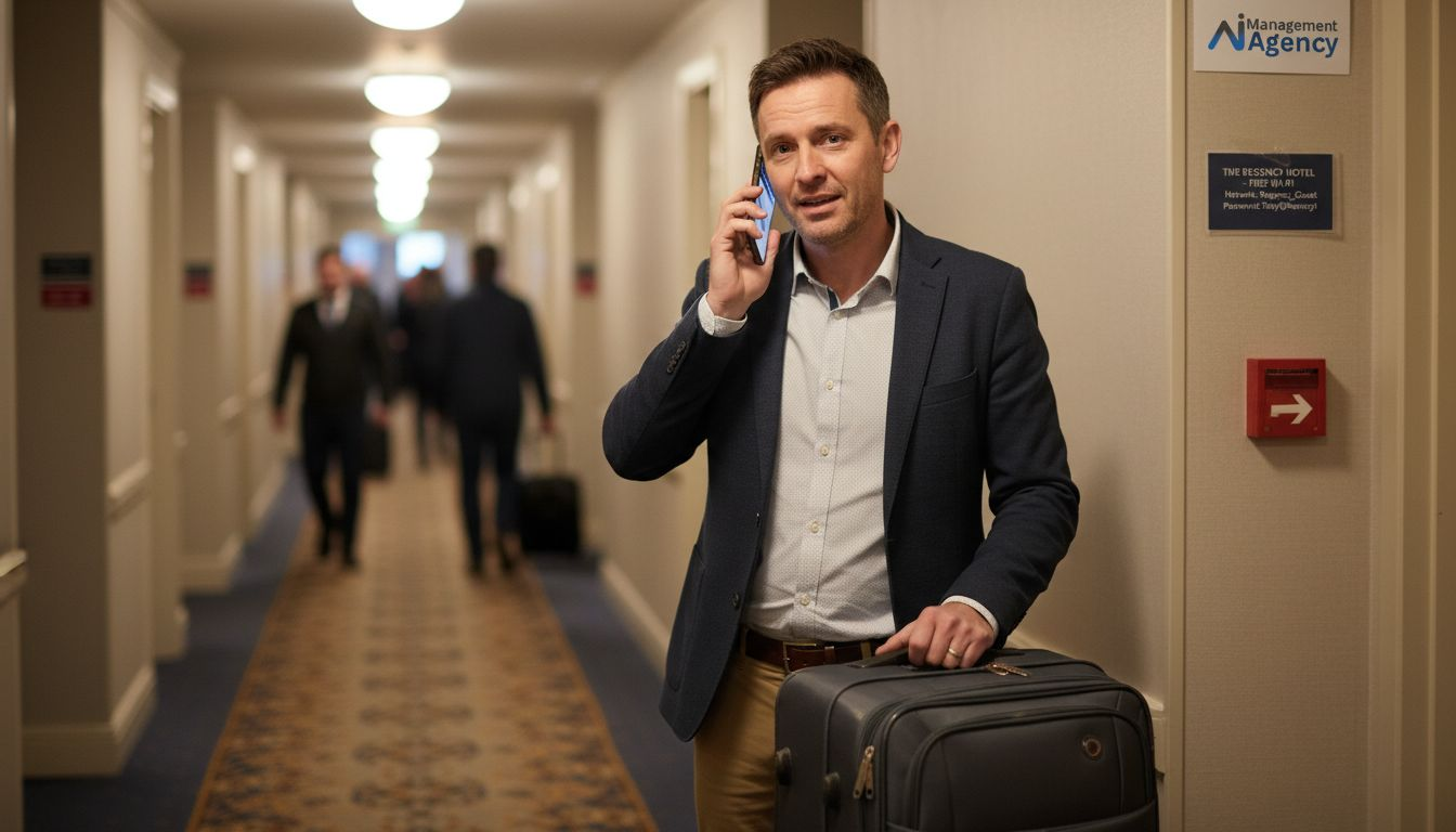 Businessman in hotel corridor using smartphone, showcasing AI voice technology for guest interactions and bookings.