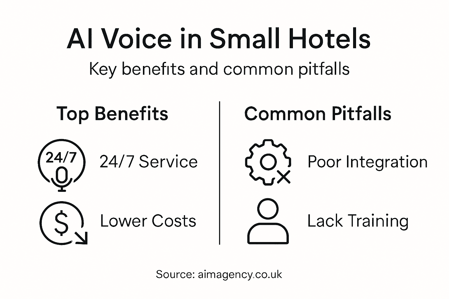 AI voice technology in small hotels, highlighting benefits like 24/7 service and lower costs, alongside common pitfalls such as poor integration and lack of training.