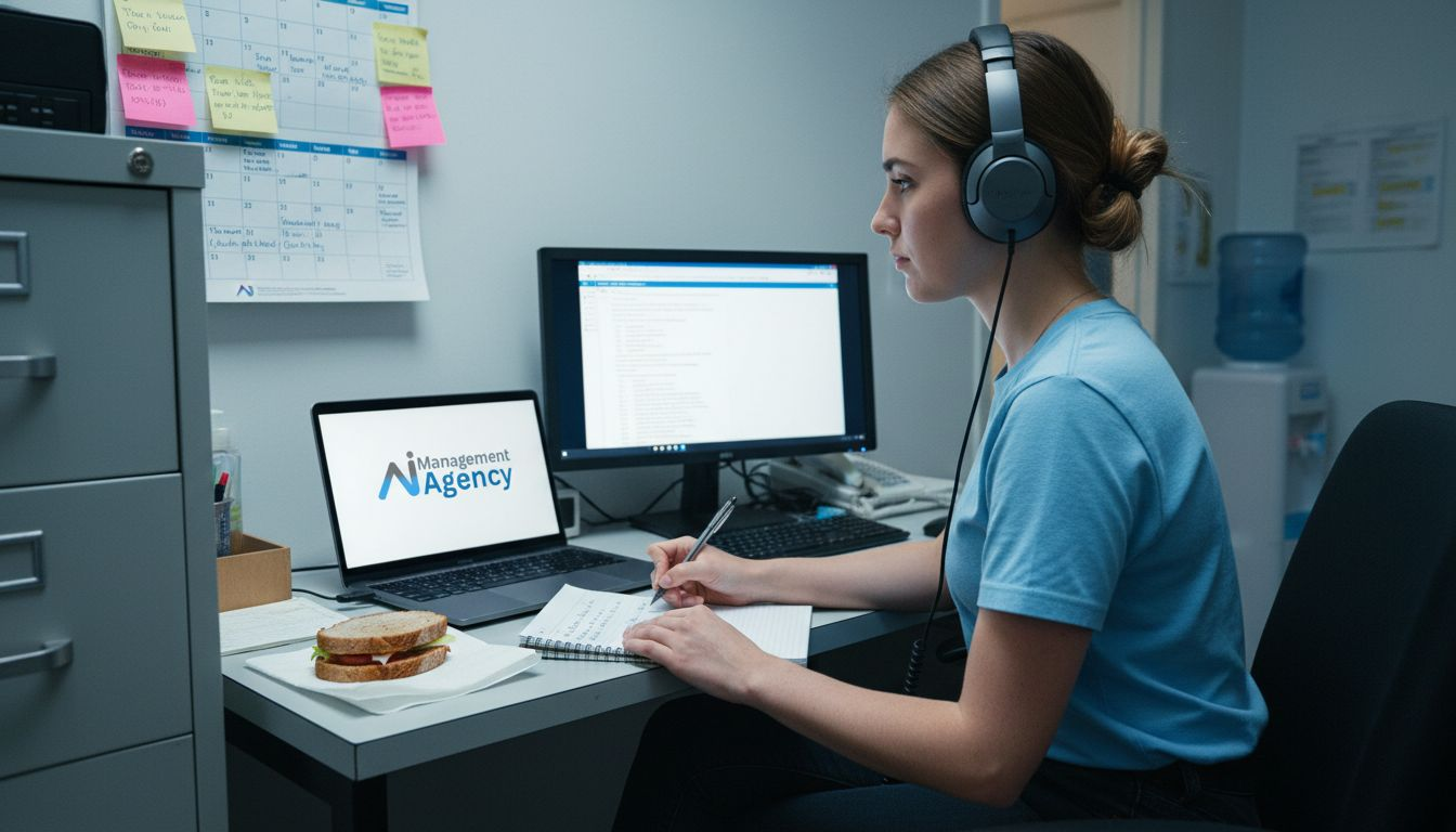 Young woman wearing headphones at a desk with a laptop and desktop computer, taking notes for a management agency, emphasising efficient guest service in hospitality.