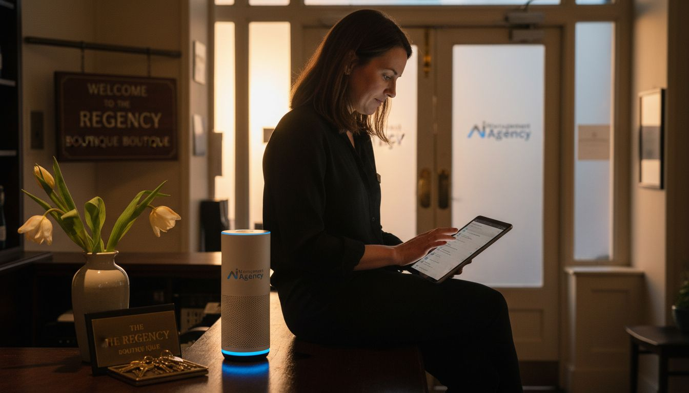 Woman using tablet at hotel reception with AI Management Agency device, welcoming environment, showcasing AI integration in hospitality.
