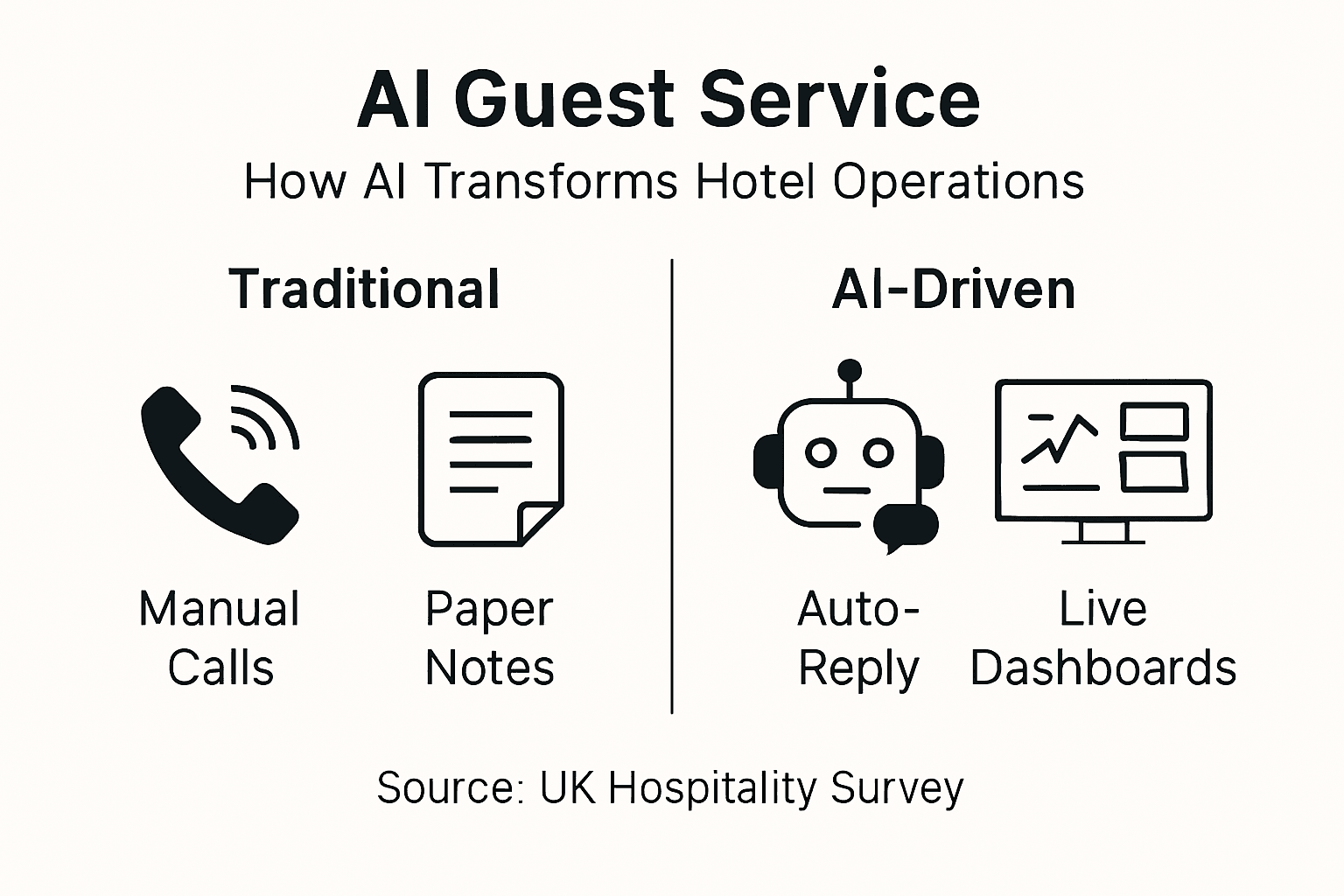 Infographic comparing traditional hotel operations with AI-driven solutions, highlighting manual calls and paper notes versus auto-reply systems and live dashboards for enhanced guest service.