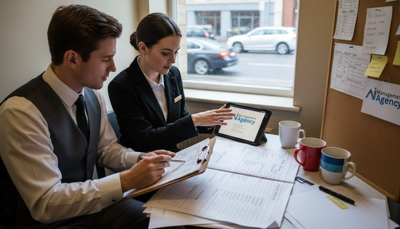 Two hotel staff members discussing AI solutions for booking management, with documents and a tablet displaying the logo of AI Management Agency, highlighting operational efficiency in hospitality.