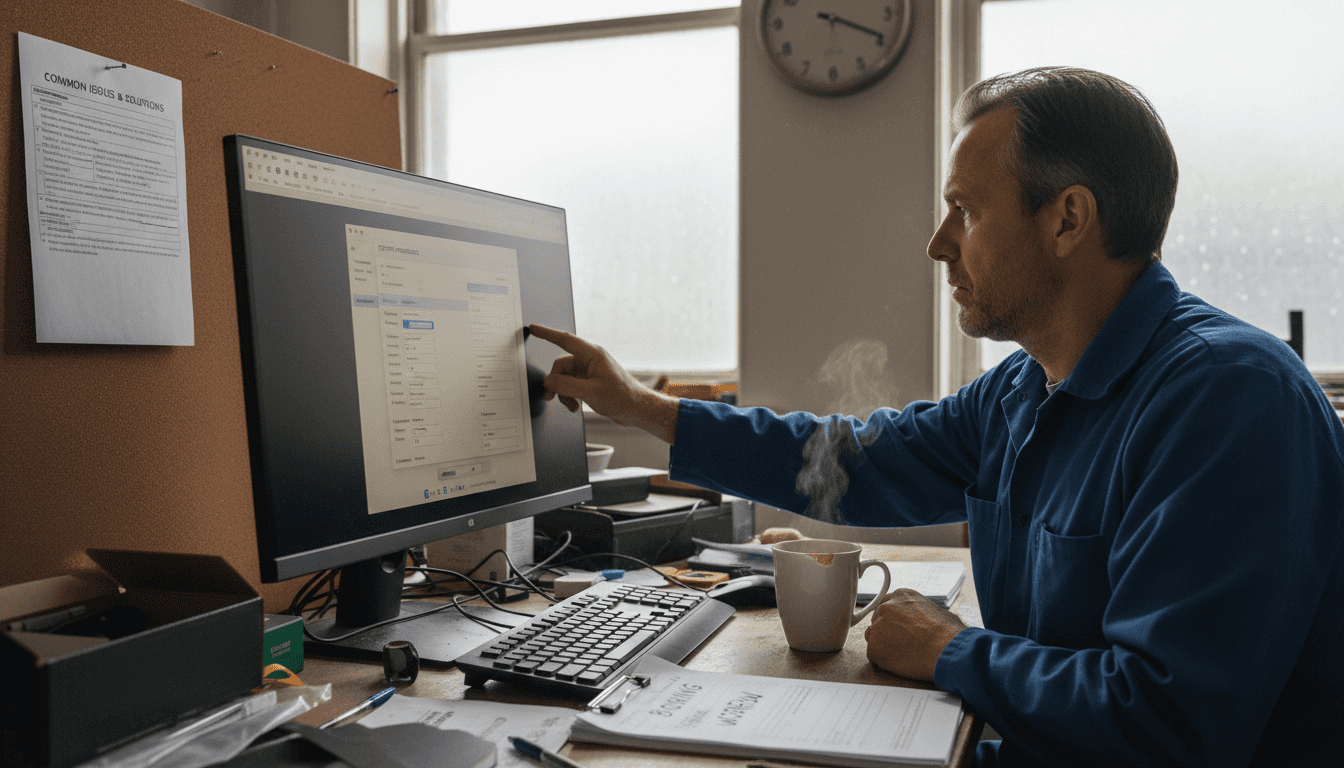Man interacting with computer screen displaying booking software, surrounded by office items, including a steaming cup and a document titled "Booking Info".