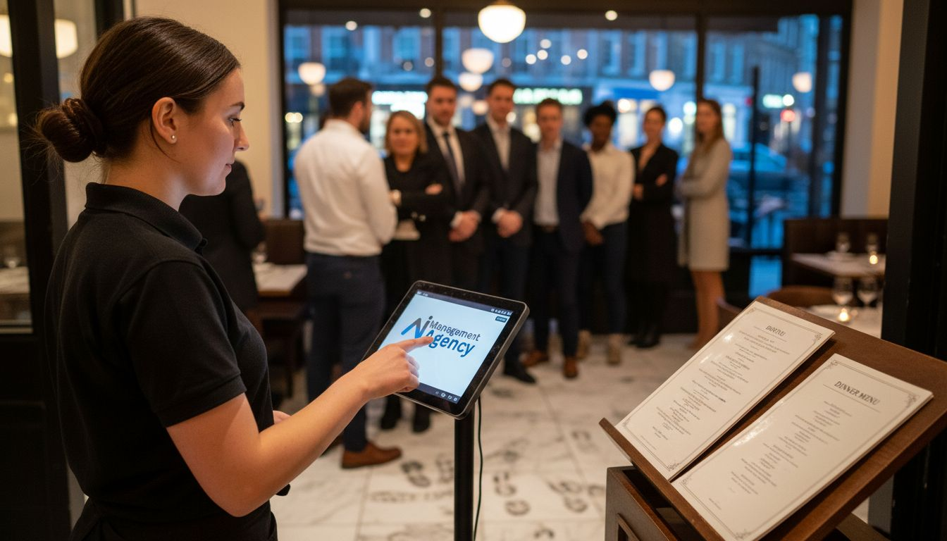 Hostess greets guests beside AI device