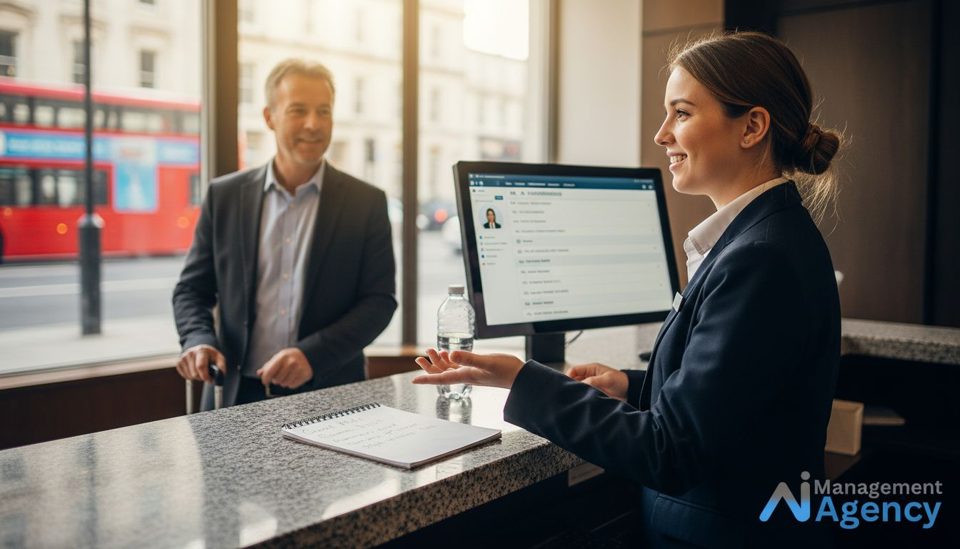 Receptionist greets returning guest and uses AI