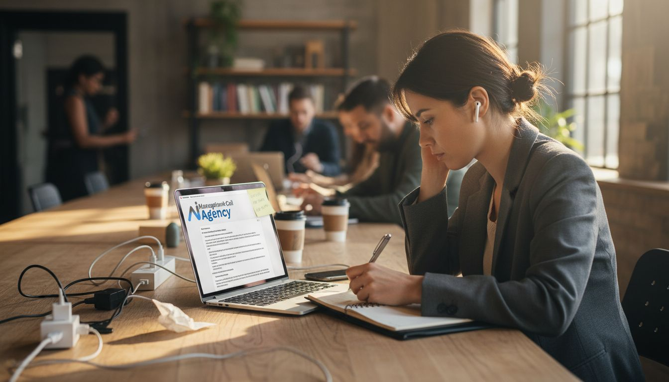 Woman in a business suit working on a laptop displaying "AIM Agency" website, taking notes in a notebook, with coffee cups and colleagues in a modern office setting, illustrating AI voice bot solutions for small businesses.