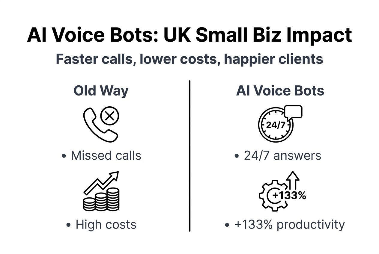 AI voice bots benefits infographic for UK small businesses, comparing missed calls and high costs of traditional methods with 24/7 answers and +133% productivity from AI solutions.