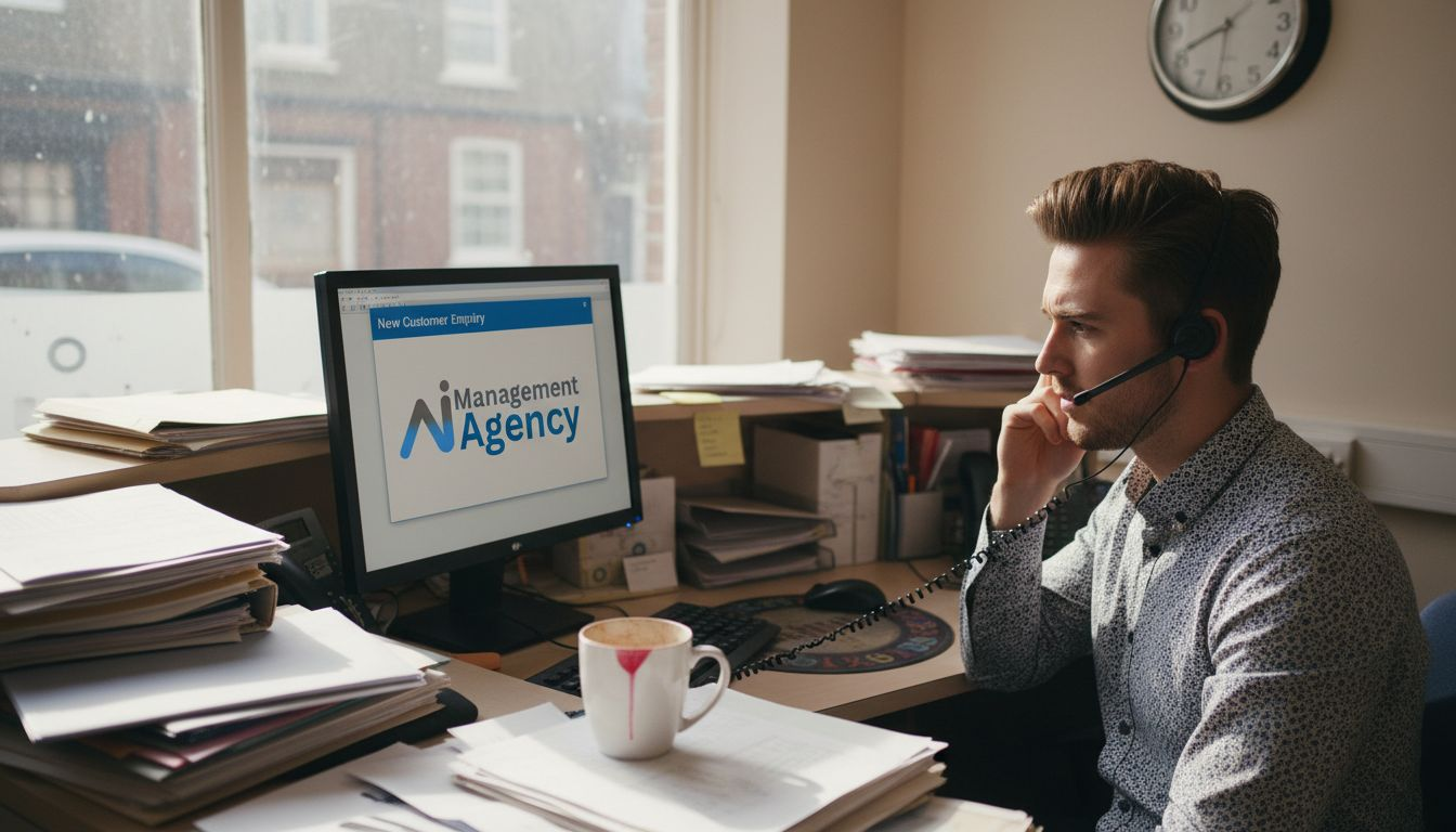 Man wearing a headset at a desk with paperwork, focused on a computer screen displaying "AI Management Agency" and handling customer enquiries, illustrating AI receptionists in action.