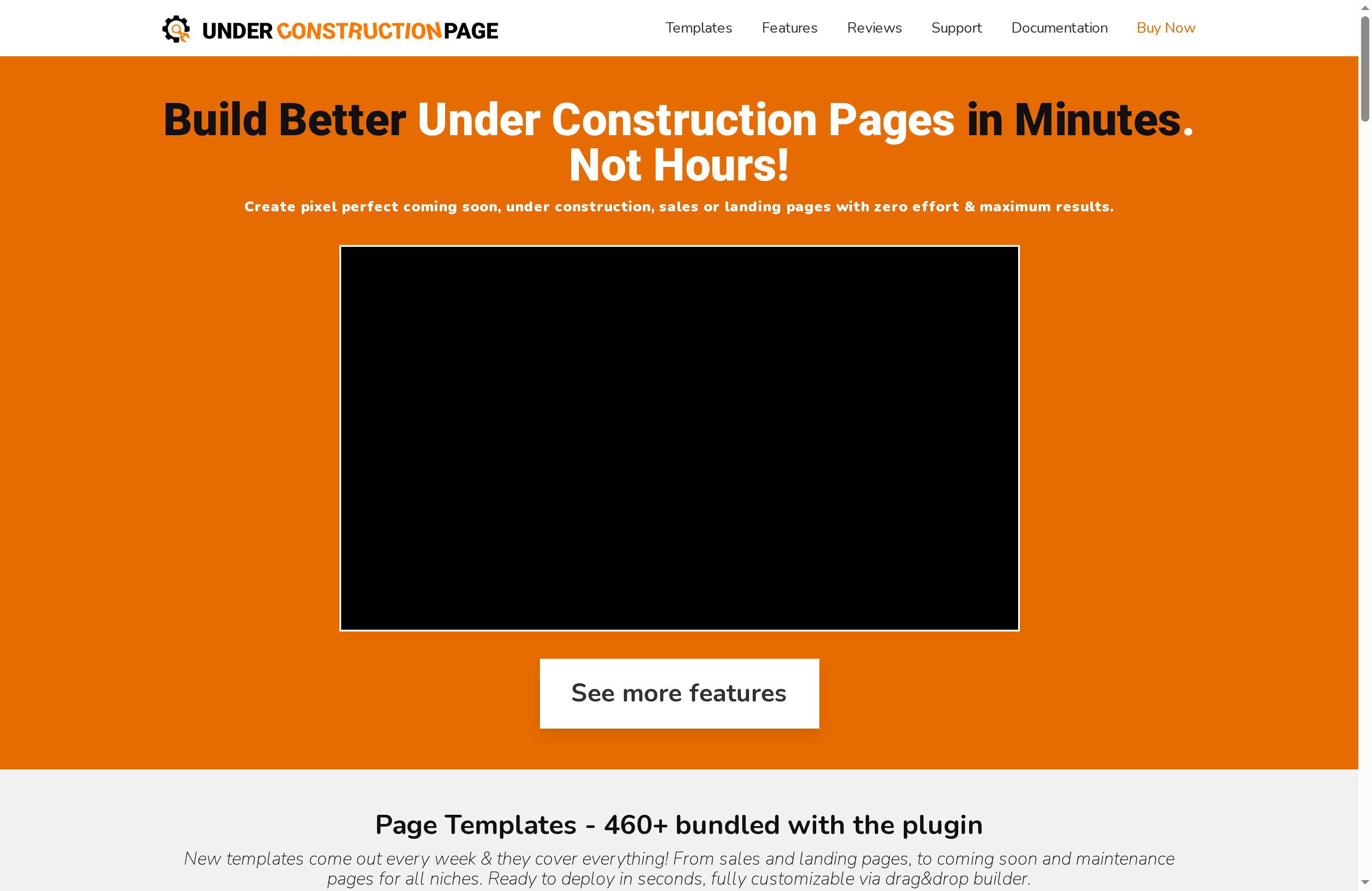 Build better under construction pages with UnderConstructionPage plugin, featuring a vibrant orange background and bold text highlighting ease of use and rapid deployment.