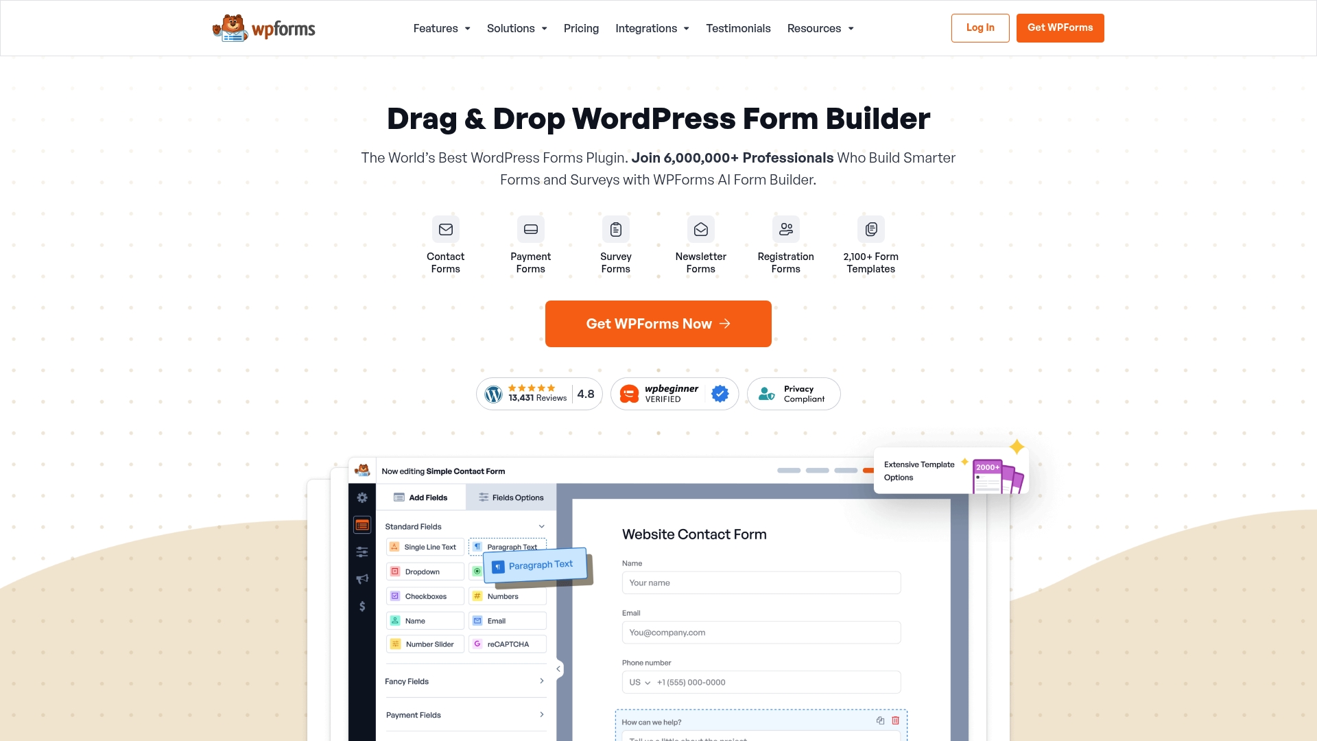 Drag and drop interface of WPForms showcasing a simple contact form setup, highlighting extensive template options and user-friendly design for quick form creation.