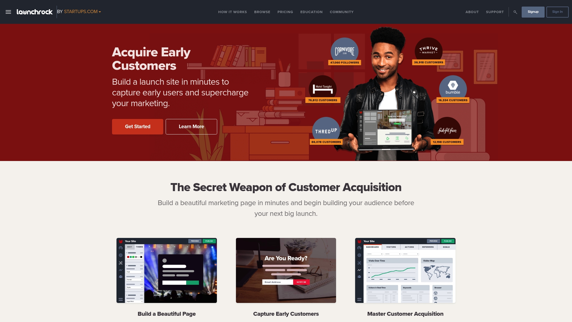 Man holding laptop showcasing Launchrock's customer acquisition platform, with promotional text and icons representing various brands in the background, emphasising ease of building marketing pages for startups.