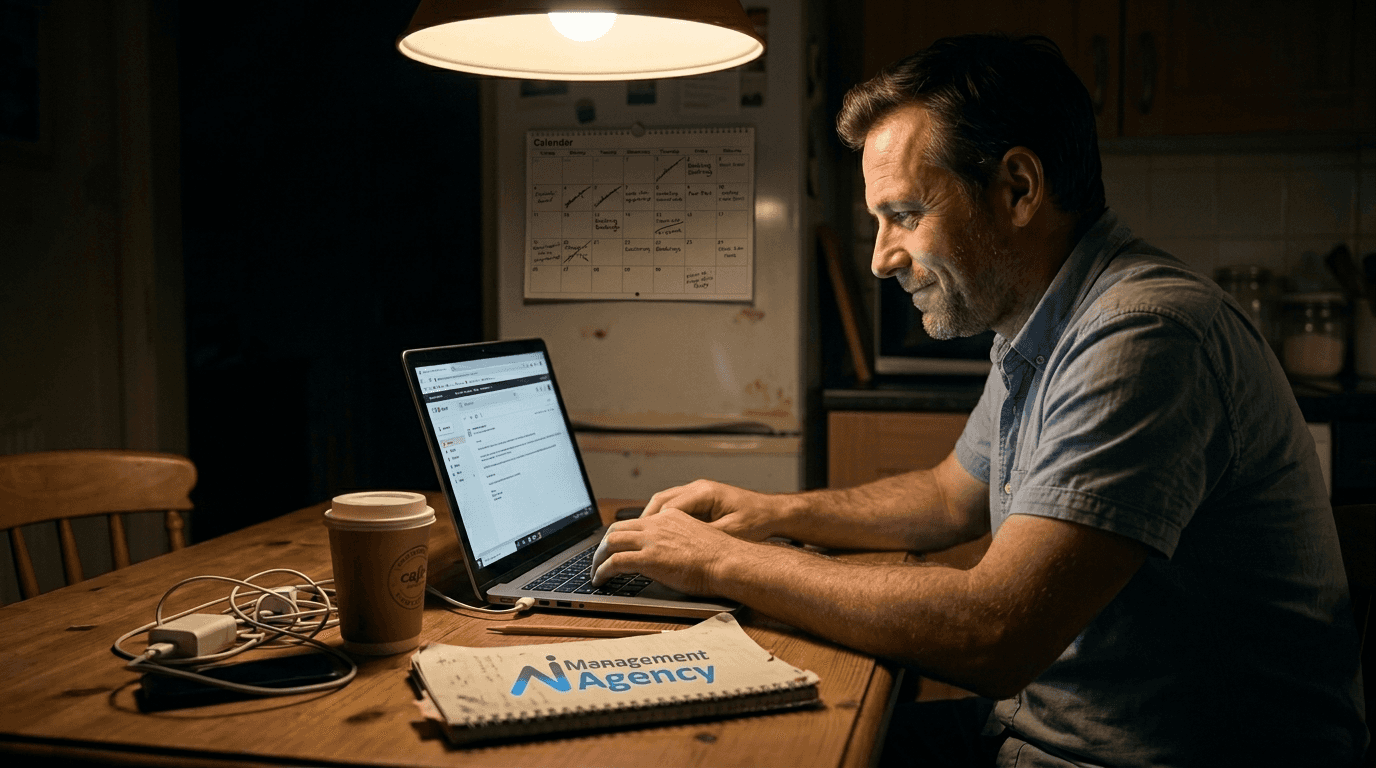 Small business owner replying to bookings at night