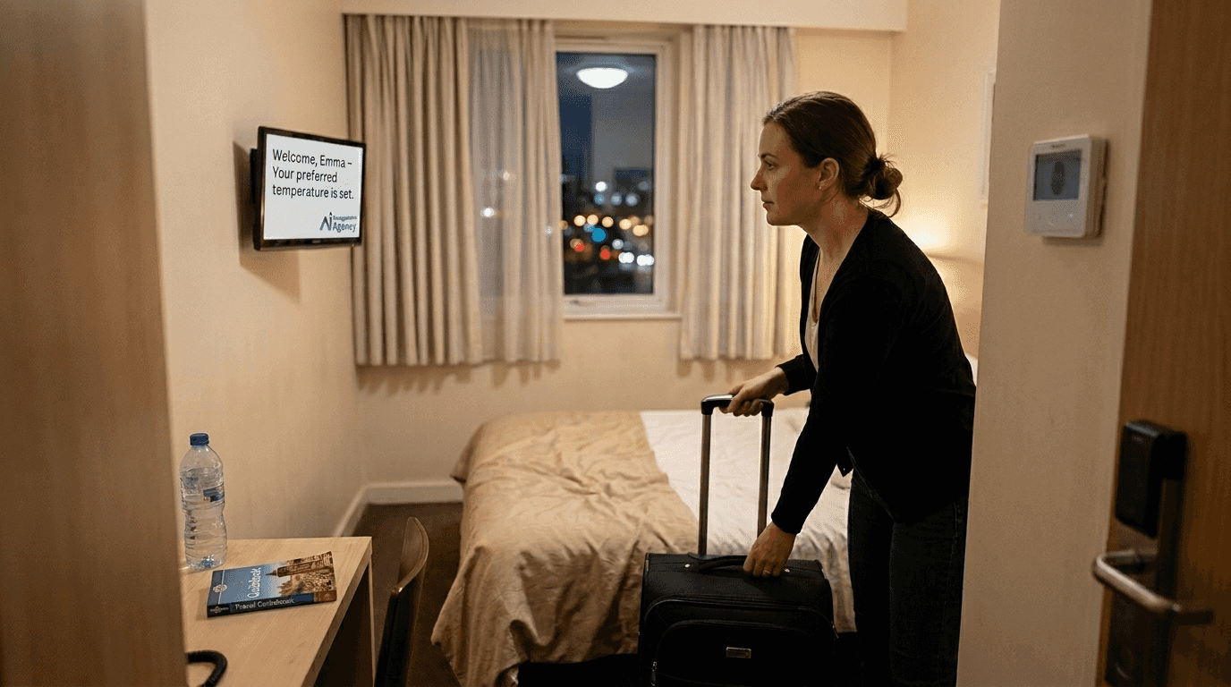 Guest greeted by smart room welcome screen