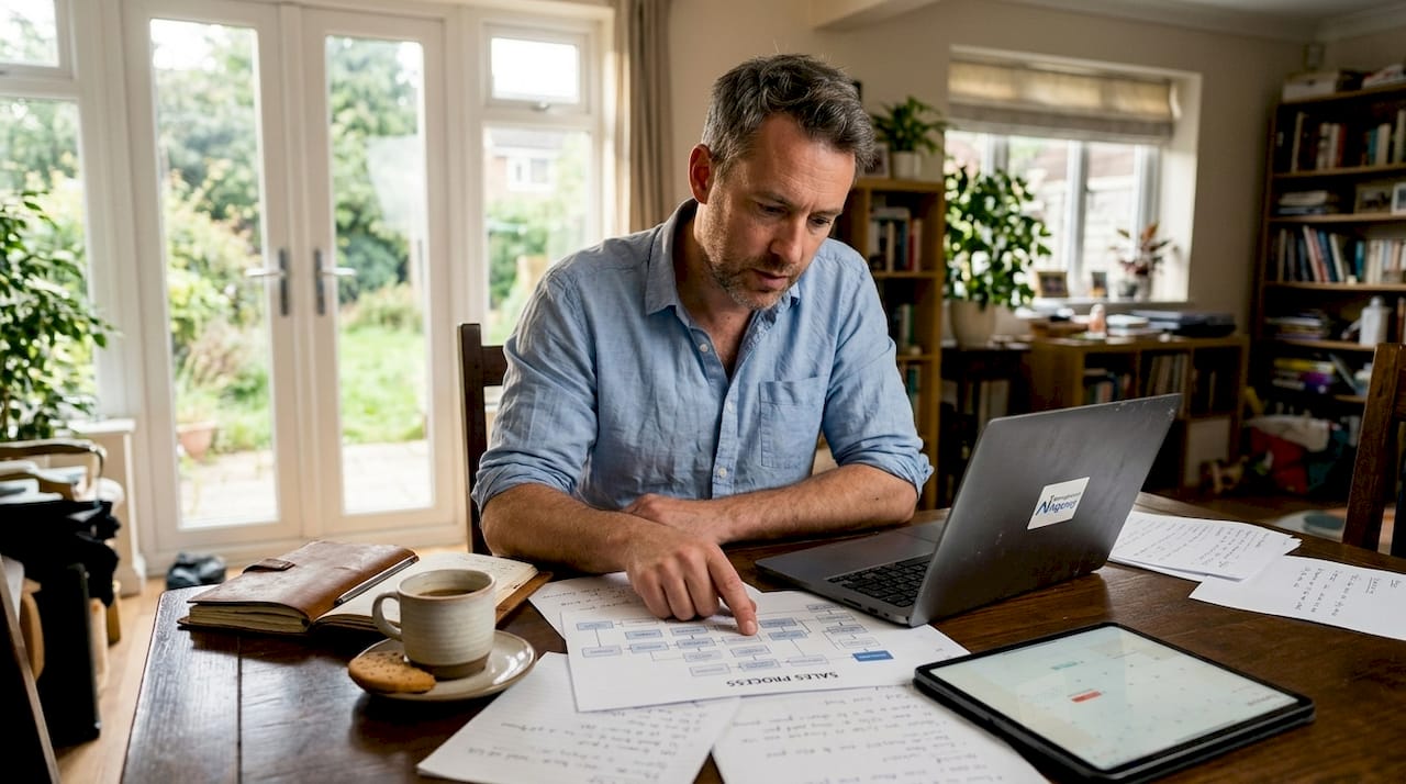 Mapping sales process on flowchart at home