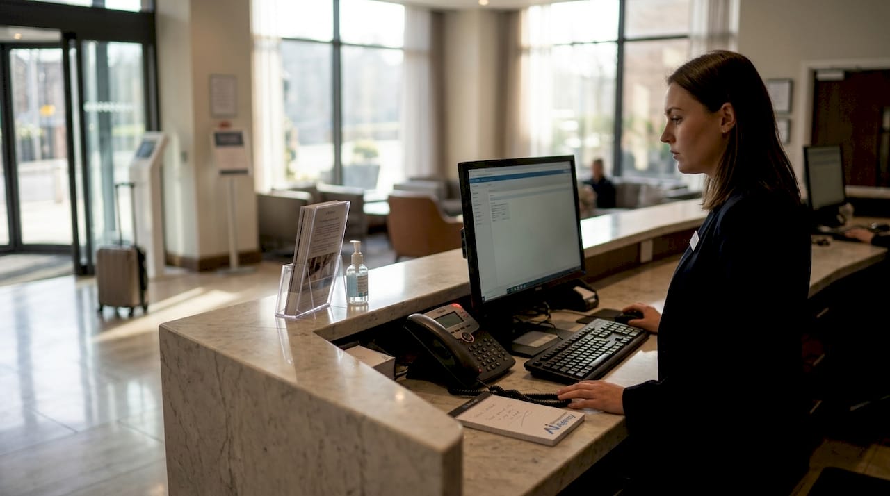 Hotel receptionist using AI answering service system