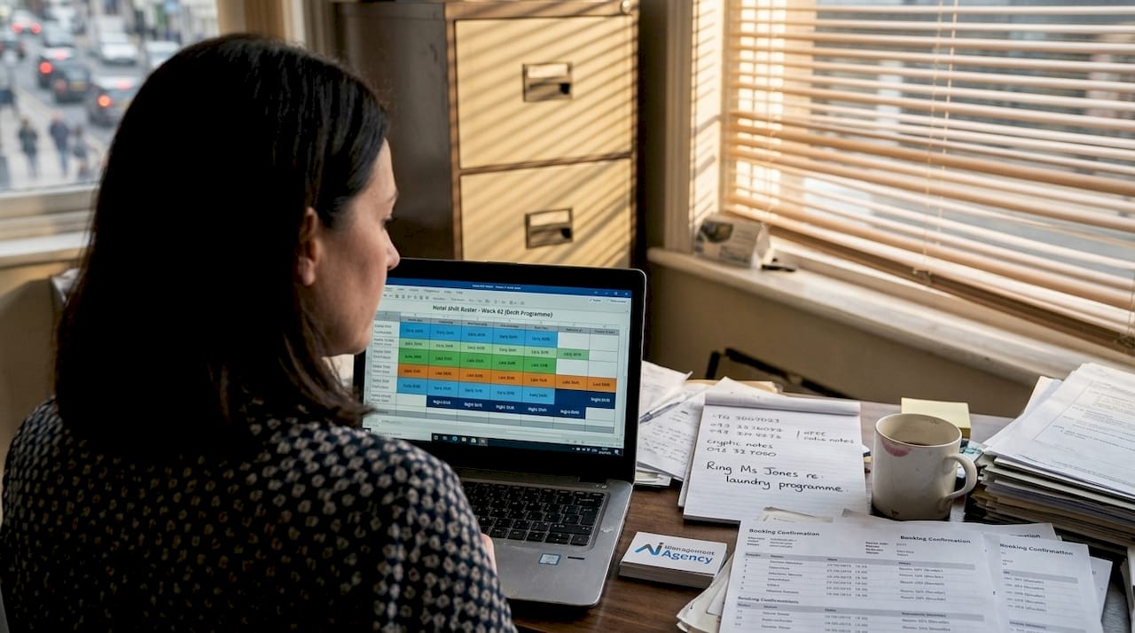 Hotel manager reviewing AI-generated staff schedule