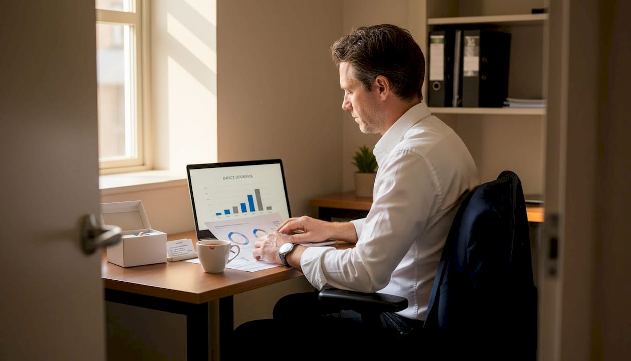 Hotel manager reviewing booking reports at desk