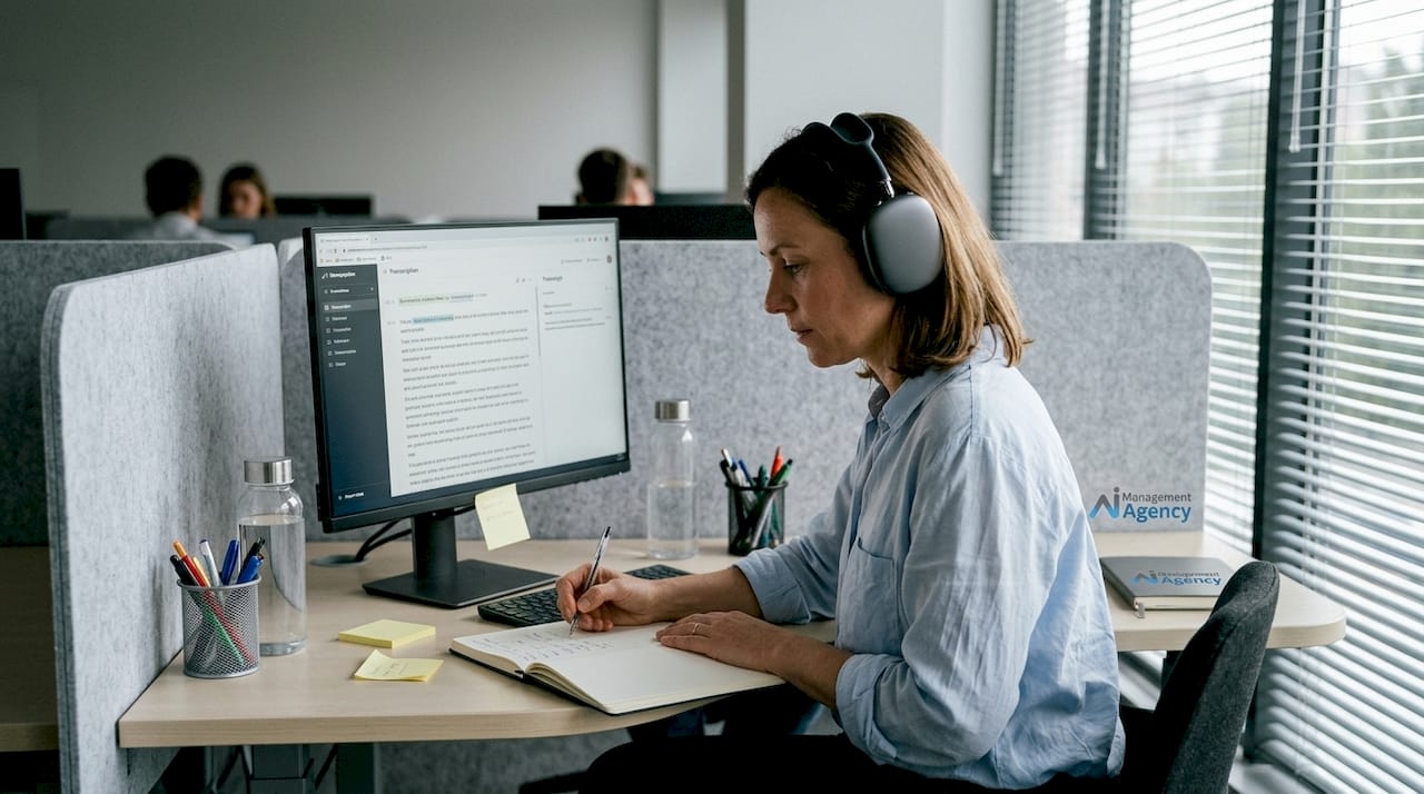 Woman checking speech-to-text transcript accuracy